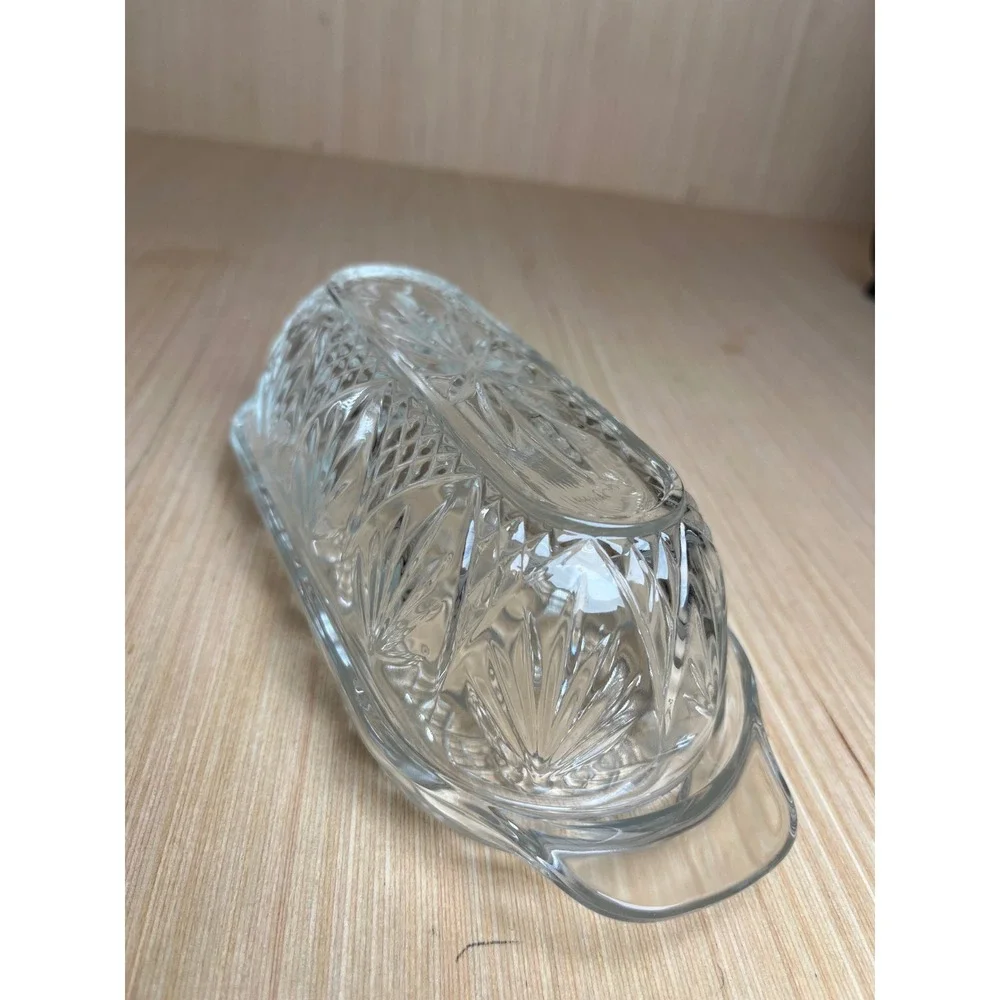 Vintage Clear Pressed Glass Butter Dish w/Lid Starburst Diamond Pattern USA MCM